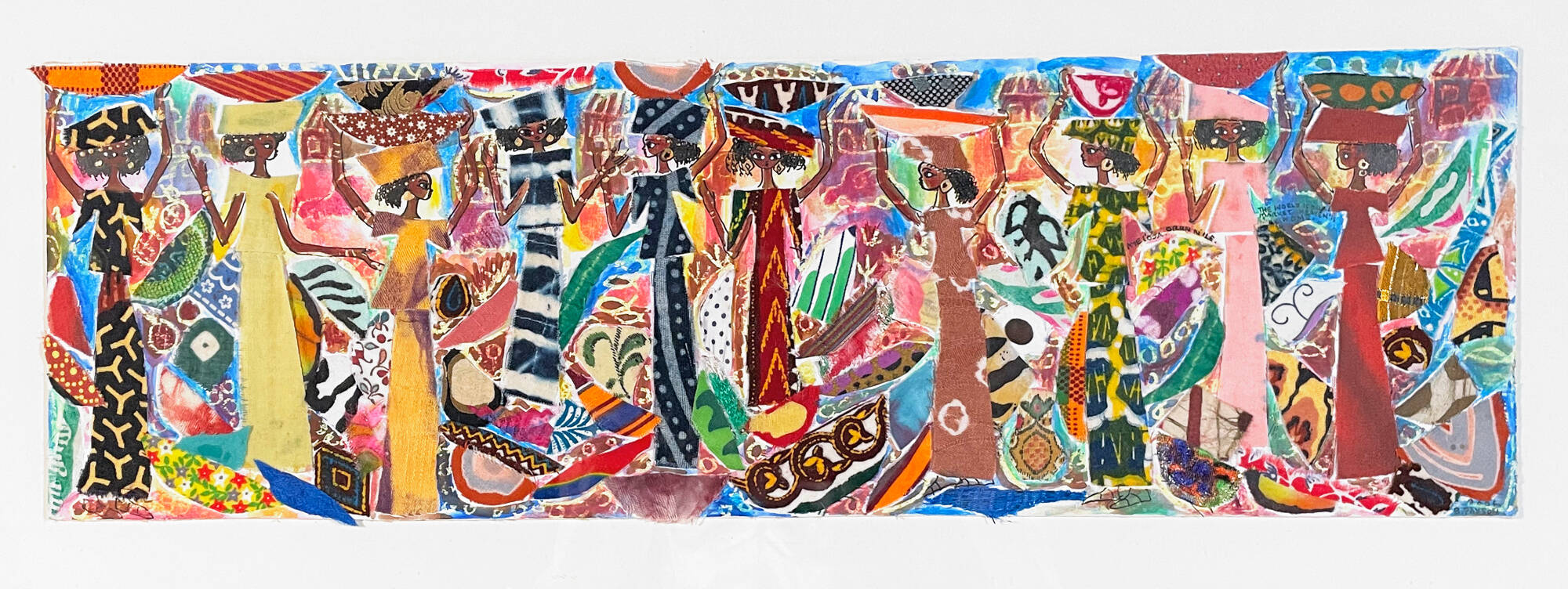 Collage of small fabric scraps in the shape of women holding bowls or baskets above their head.